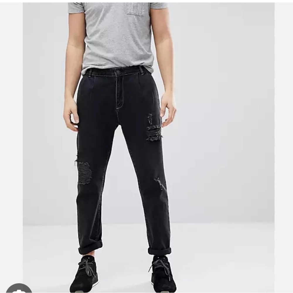 ASOS DESIGN Double Pleat Jeans In Washed Black With Rips 36X34